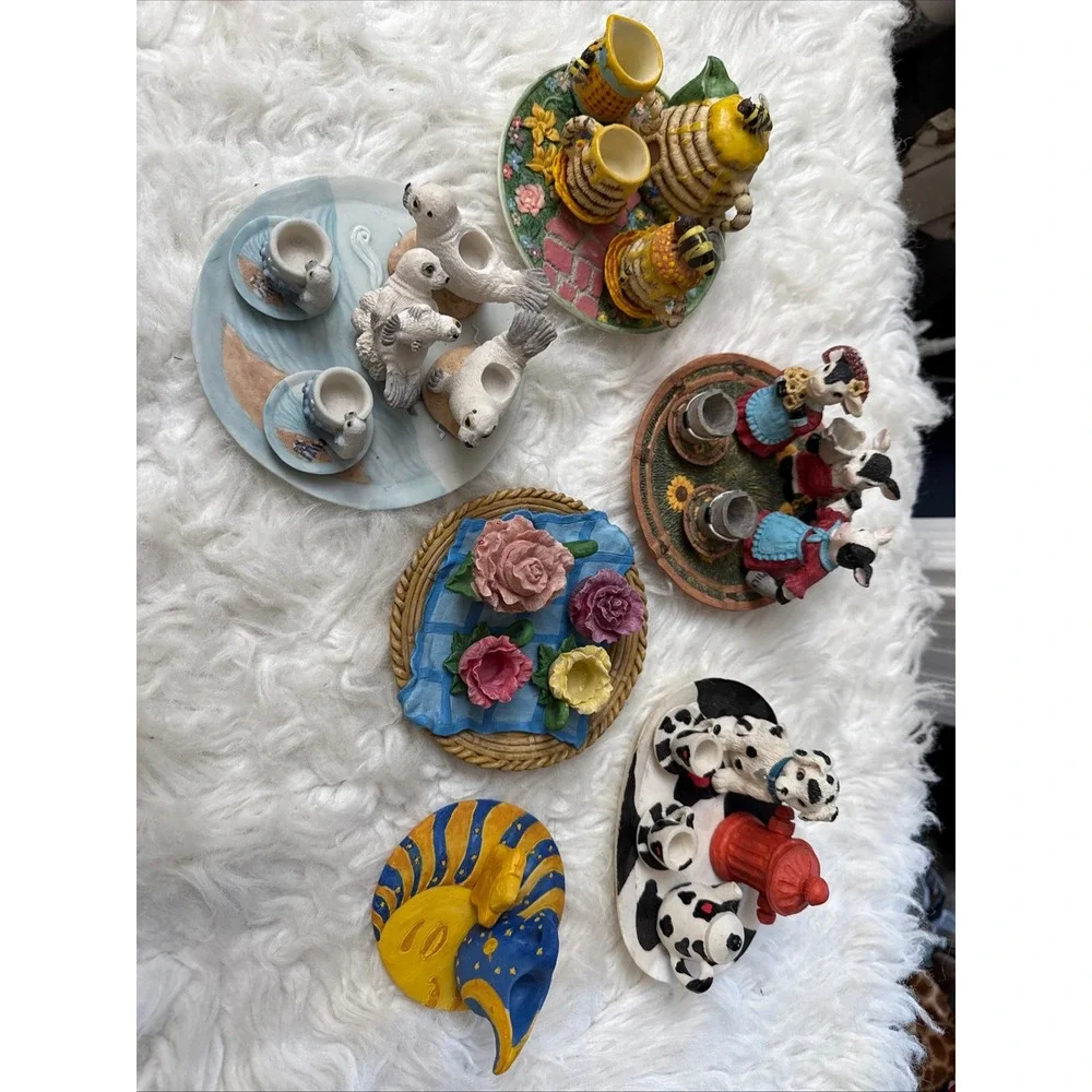 Vintage Whimsical Miniature Resin Tea Set Lot 6 Themes Bee Floral Dog Seal Cow
